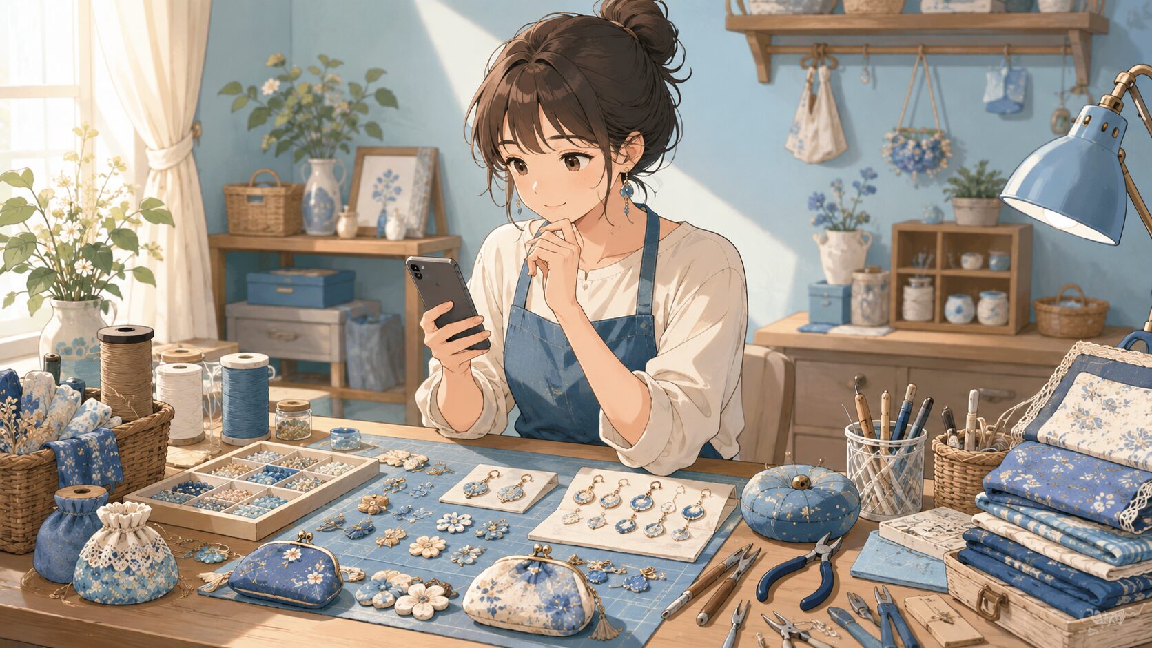 自宅の作業机で手作りの小物を並べスマートフォンを見ながら考える人物