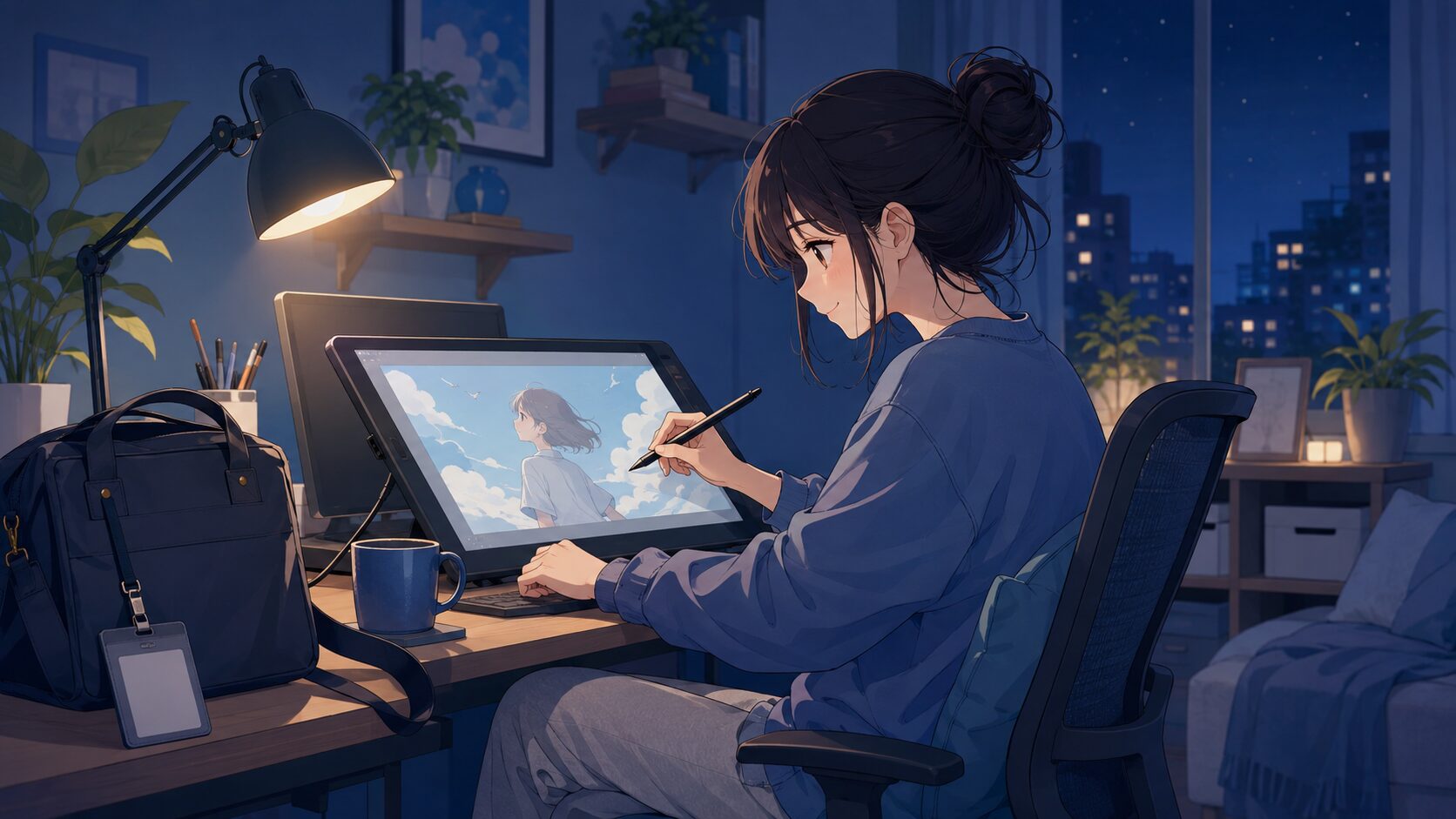 夜の自宅の机でペンタブレットで絵を描く部屋着の人物