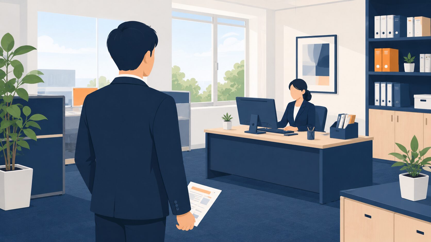 オフィスで上司に退職を切り出そうとして立ち止まる社員のイラスト
