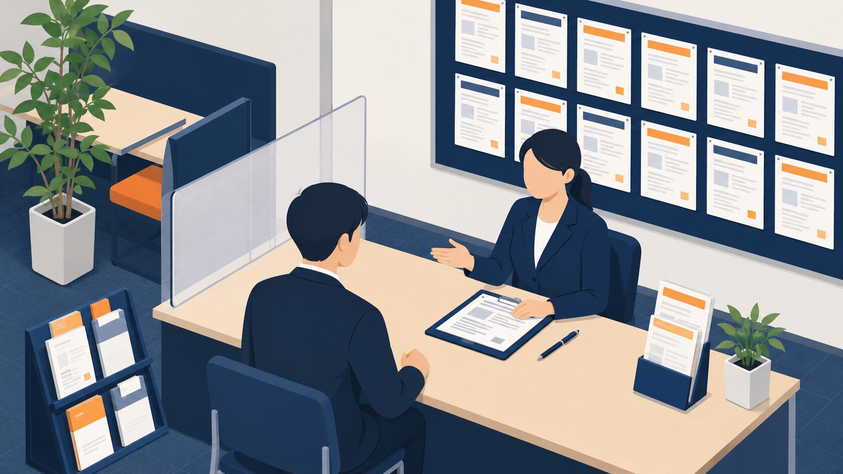 退職前にハローワークの窓口で職業相談を受ける人のイラスト