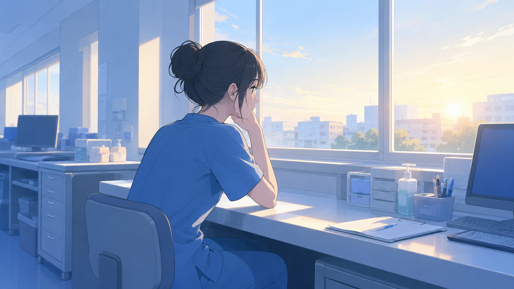 早朝のナースステーションで窓の外を見て考え込む若い看護師