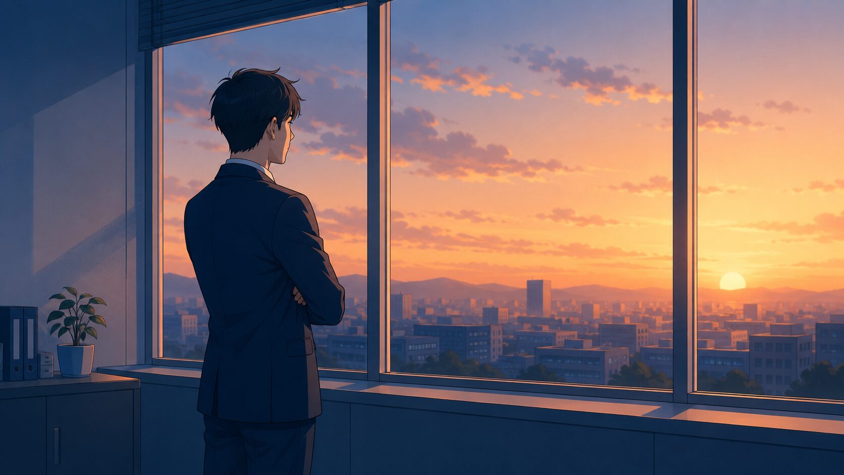 夕暮れの官公庁の窓辺で街を見つめるスーツ姿の人物