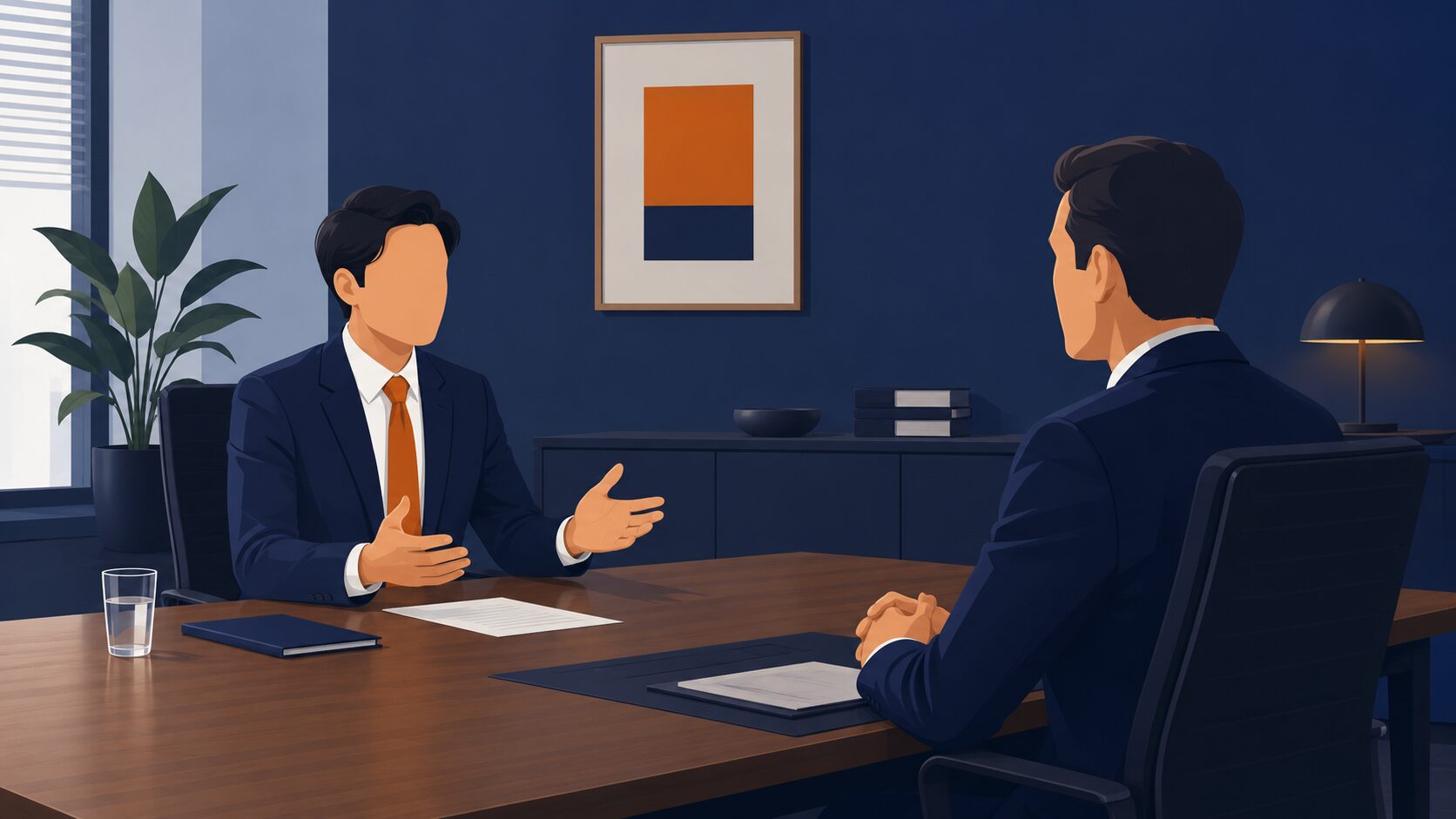 会議室で部下が上司に退職理由を落ち着いて伝えているイラスト
