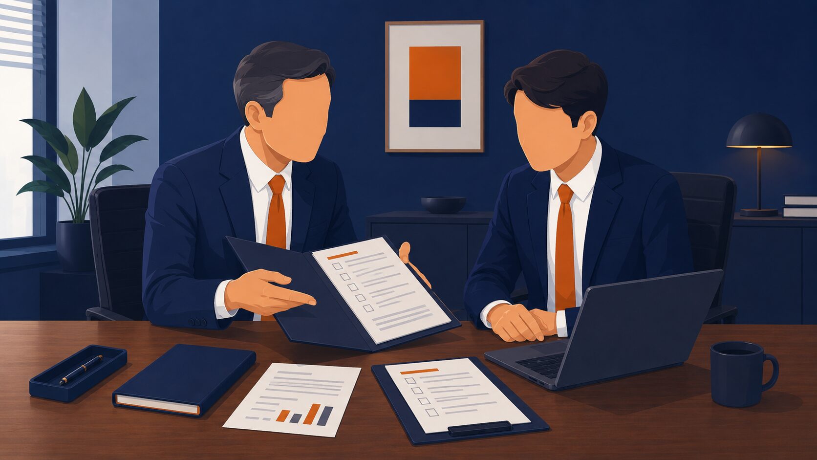 先輩社員が後輩にファイルとチェックリストで引き継ぎをしているイラスト