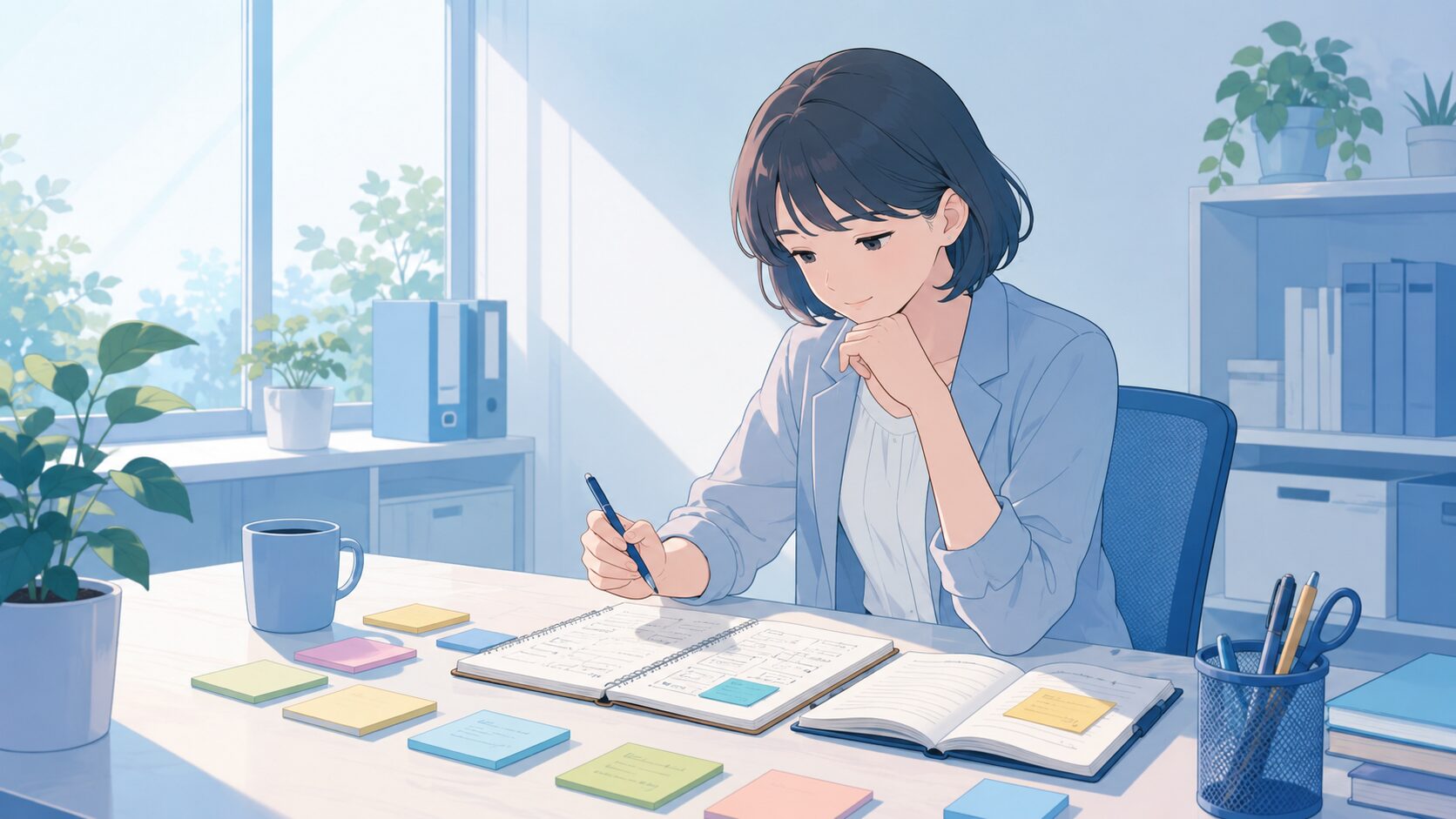 明るいオフィスの席で付箋とノートを並べて自分の仕事を振り返り整理するオフィスカジュアルの人物