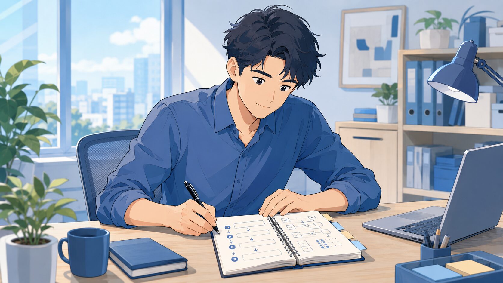 明るいオフィスの席で手順をノートに書きとめ自分用のマニュアルを作るオフィスカジュアルの人物