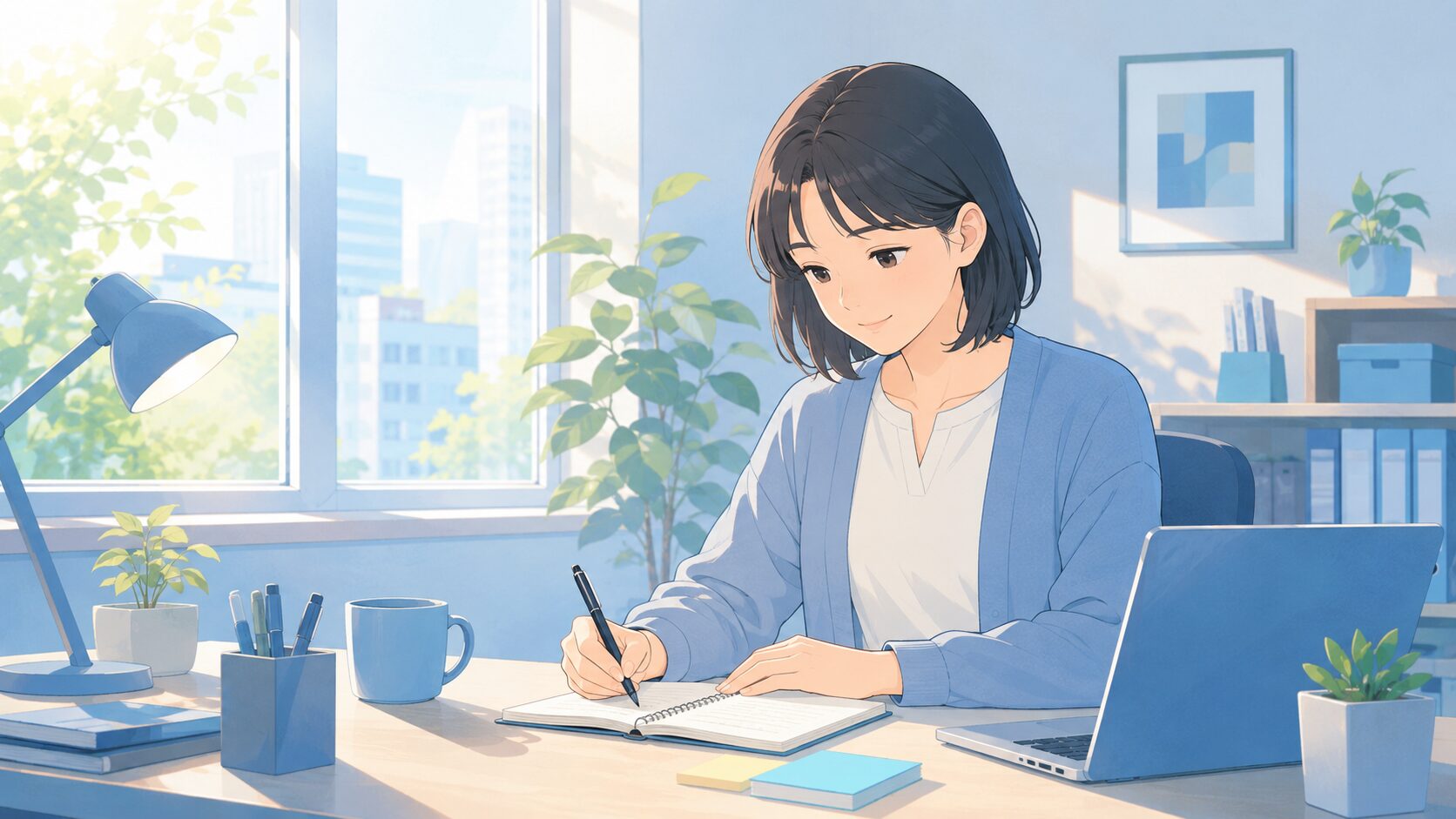 明るいオフィスの席でノートに書きながら落ち着いて考えるオフィスカジュアルの人物