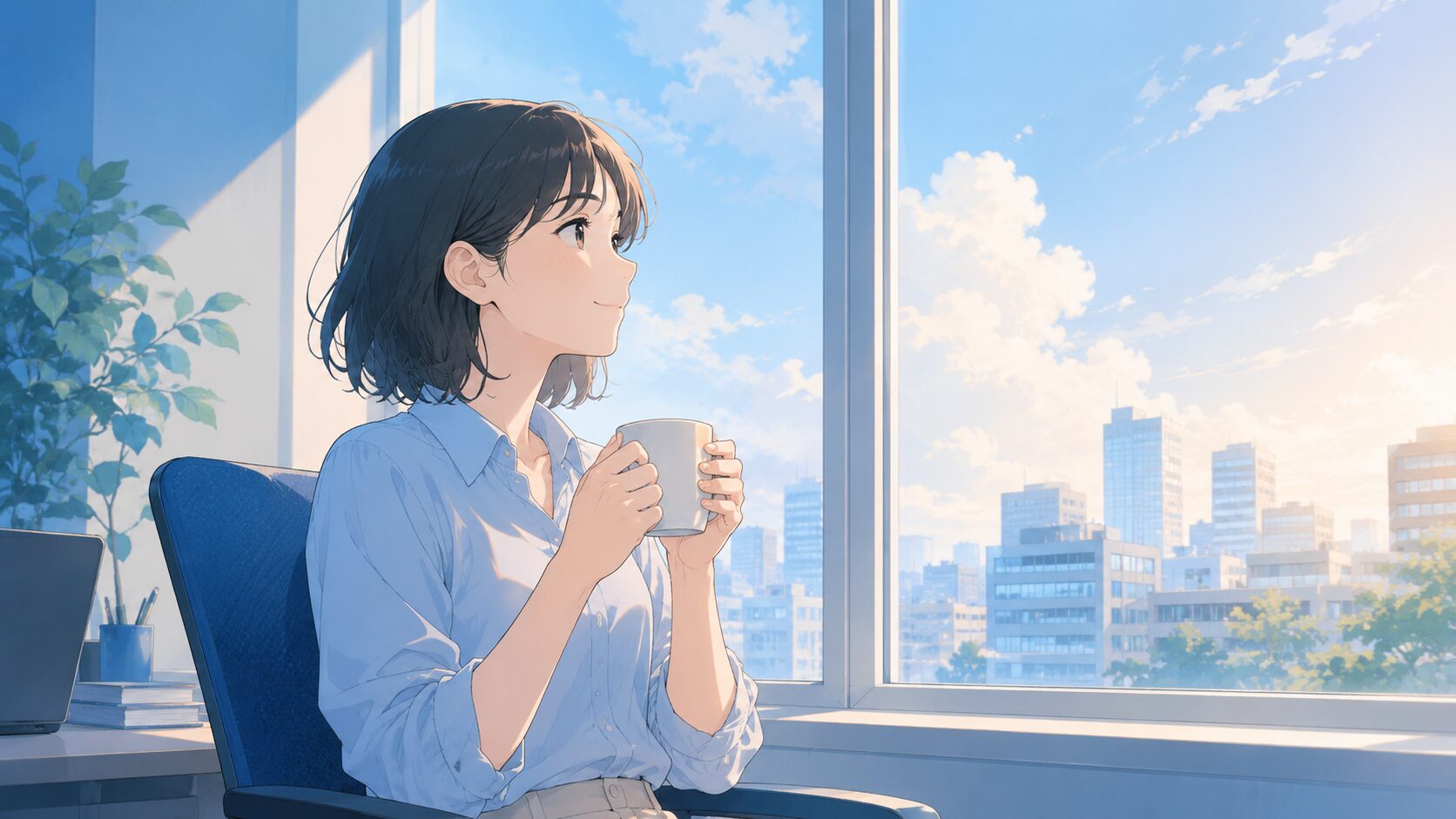 明るいオフィスの窓辺でコーヒーを手に外を眺め落ち着いて考えるオフィスカジュアルの人物