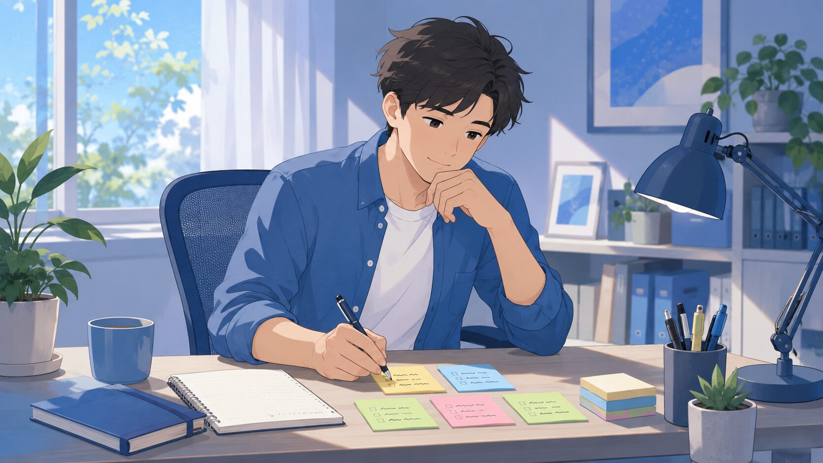 明るいオフィスの席で付箋に小さなやることを書き出し一つずつ手をつけようとするオフィスカジュアルの人物