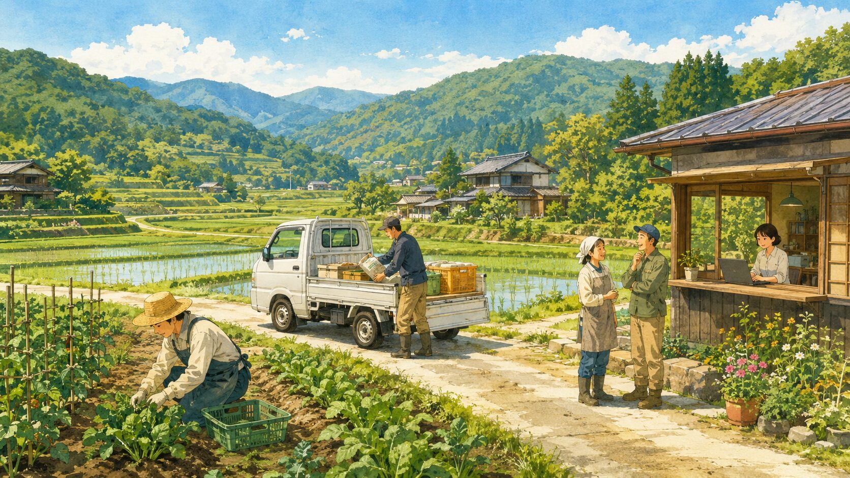 里山の田畑で農作業をする人、軽トラックで荷を運ぶ人、地域の人と話す人、木造の建物でパソコンを使う人が同じ風景の中にいるイラスト