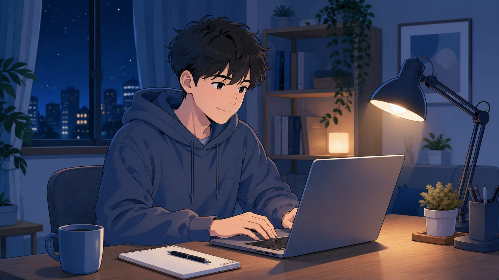 夜の自宅の机でノートパソコンに向かい依頼に対応する部屋着の人物