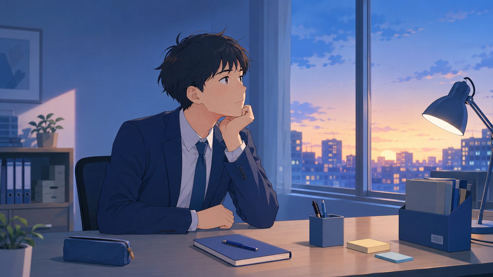 夕方のオフィスの席で手を止めて考える新しいスーツの若い人物